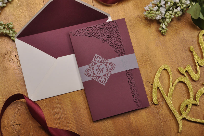 pocket fold wedding invitation, pocket invitation, laser cut invitation, laser cut wedding invitations, wedding invitations with rsvp, marsala and gold wedding invitations,elegant wedding invitations, wedding invites, wedding invitation, wedding invitations, marsala wedding invitation, lace wedding invitation