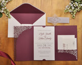 pocket fold wedding invitation, pocket invitation, laser cut invitation, laser cut wedding invitations, wedding invitations with rsvp, marsala and gold wedding invitations,elegant wedding invitations, wedding invites, wedding invitation, wedding invitations, marsala wedding invitation, lace wedding invitation