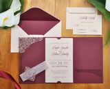 pocket fold wedding invitation, pocket invitation, laser cut invitation, laser cut wedding invitations, wedding invitations with rsvp, marsala and gold wedding invitations,elegant wedding invitations, wedding invites, wedding invitation, wedding invitations, marsala wedding invitation, lace wedding invitation