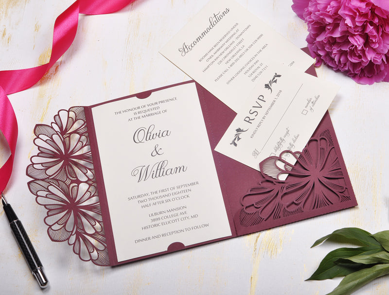 pocket fold wedding invitation, pocket invitation, laser cut invitation, laser cut wedding invitations, wedding invitations with rsvp, marsala wedding invitations,elegant wedding invitations, wedding invites, wedding invitation, wedding invitations, marsala wedding invitation, lace wedding invitation, gold foil wedding invitations