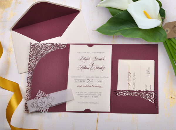 pocket fold wedding invitation, pocket invitation, laser cut invitation, laser cut wedding invitations, wedding invitations with rsvp, marsala and gold wedding invitations,elegant wedding invitations, wedding invites, wedding invitation, wedding invitations, marsala wedding invitation, lace wedding invitation