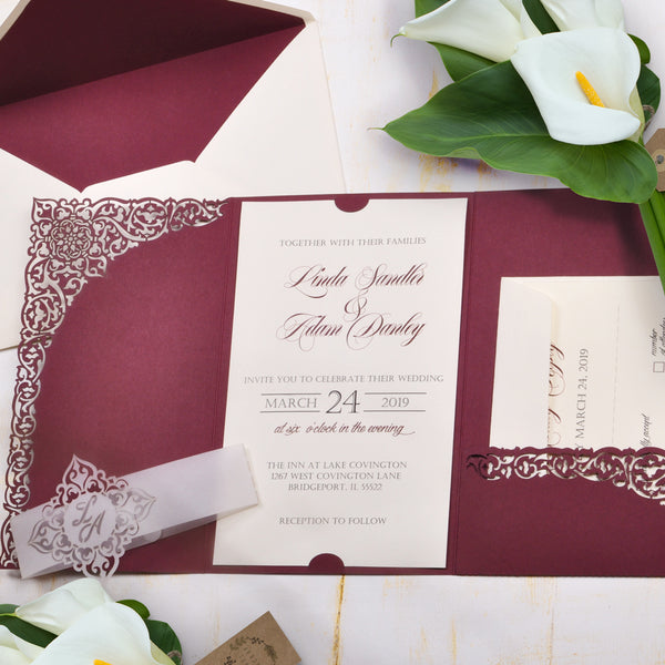 pocket fold wedding invitation, pocket invitation, laser cut invitation, laser cut wedding invitations, wedding invitations with rsvp, marsala and gold wedding invitations,elegant wedding invitations, wedding invites, wedding invitation, wedding invitations, marsala wedding invitation, lace wedding invitation